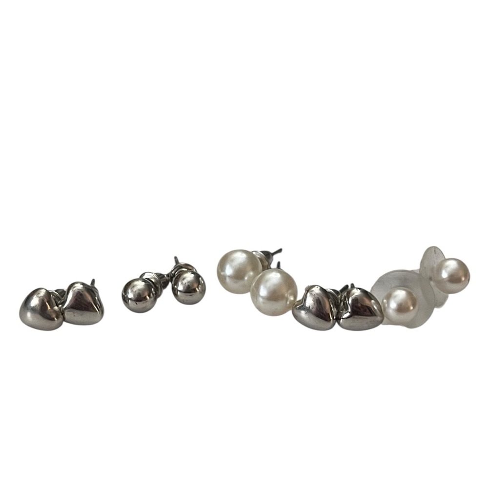 5-Piece Stud Earring Set Hearts Faux Pearls